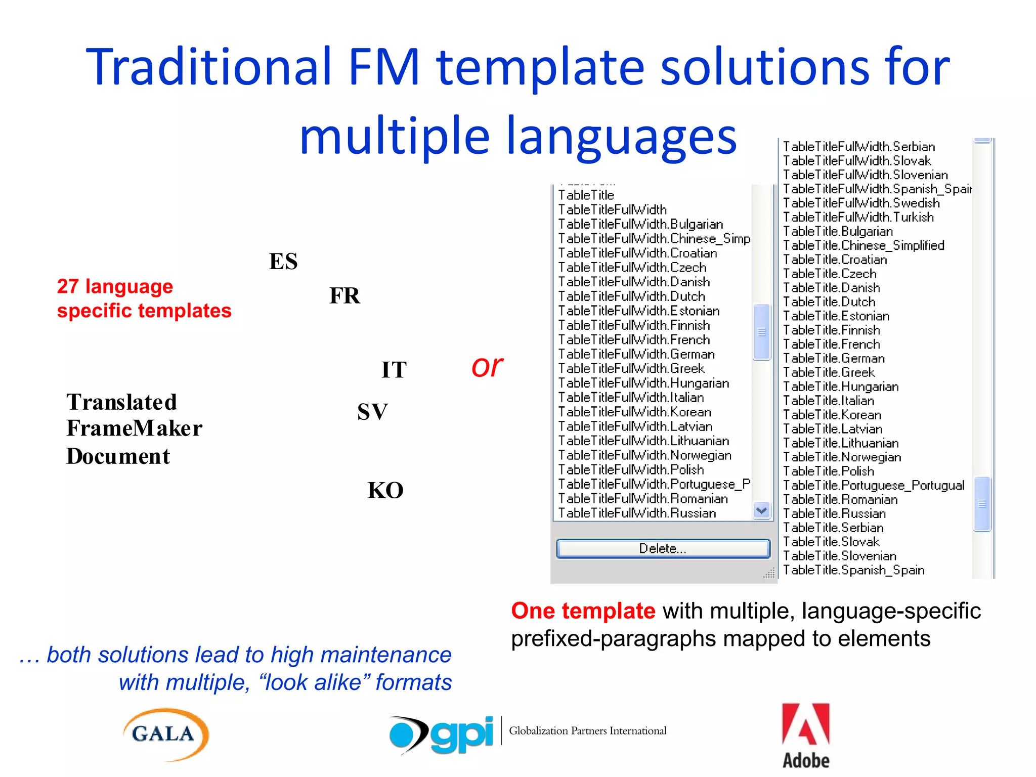 Traditional FM template solutions for multiple languages One template  with multiple, language-specific prefixed-paragraphs mapped to elements or 27 language specific templates …  both solutions lead to high maintenance with multiple, “look alike” formats 