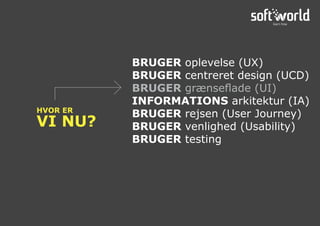 HVOR ER
VI NU?
BRUGER oplevelse (UX)
BRUGER centreret design (UCD)
BRUGER grænseflade (UI)
INFORMATIONS arkitektur (IA)
BRUGER rejsen (User Journey)
BRUGER venlighed (Usability)
BRUGER testing
 