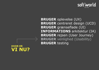 HVOR ER
VI NU?
BRUGER oplevelse (UX)
BRUGER centreret design (UCD)
BRUGER grænseflade (UI)
INFORMATIONS arkitektur (IA)
BRUGER rejsen (User Journey)
BRUGER venlighed (Usability)
BRUGER testing
 