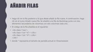 AÑADIR FILAS
• Haga clic en la fila posterior a la que desee añadir la fila nueva. A continuación, haga
clic en el icono Añadir nueva fila. Se añadirá una fila de Bootstrap junto con dos
elementos secundarios de columnas con seis columnas cada uno.
• El código de la fila añadida es el siguiente:
• <div class="row">
<div class="col-*-6"></div>
<div class="col-*-6"></div>
</div>
• donde * representa el tamaño de pantalla actual en Dreamweaver.
 