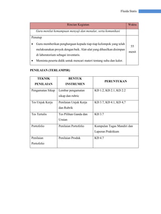 Fluida Statis
Rincian Kegiatan Waktu
Guru menilai kemampuan menyaji dan menalar, serta komunikasi
Penutup
 Guru memberikan penghargaan kepada tiap-tiap kelompok yang telah
melaksanakan proyek dengan baik. Alat-alat yang dihasilkan disimpan
di laboratorium sebagai inventaris.
 Meminta peserta didik untuk mencari materi tentang suhu dan kalor.
55
menit
PENILAIAN (TERLAMPIR)
TEKNIK
PENILAIAN
BENTUK
INSTRUMEN
PERUNTUKAN
Pengamatan Sikap Lembar pengamatan
sikap dan rubric
KD 1.2, KD 2.1, KD 2.2
Tes Unjuk Kerja Penilaian Unjuk Kerja
dan Rubrik
KD 3.7, KD 4.1, KD 4,7
Tes Tertulis Tes Pilihan Ganda dan
Uraian
KD 3.7
Portofolio Penilaian Portofolio Kumpulan Tugas Mandiri dan
Laporan Praktikum
Penilaian
Portofolio
Penilaian Produk KD 4.7
 