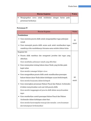Fluida Statis
Rincian Kegiatan Waktu
 Mengingatkan siswa untuk melakukan ulangan harian pada
pertemuan berikutnya
Pertemuan IV
Rincian Kegiatan Waktu
Pendahuluan
 Guru meminta peserta didik untuk mengumpulkan tugas pekerjaan
rumah
 Guru menunjuk peserta didik secara acak untuk membacakan tugas
mandirinya lalu membahasnya bersama-sama melalui diskusi kelas
20
menit
Kegiatan Inti
 Peserta didik mambaca dan mengamati jawaban dari tugas yang
diberikan.
Guru membahas pekerjaan rumah yang diberikan
 Guru menanyakan tentang hukum dasar fluida yang berlaku pada
kapal selam
Guru menilai semangat belajar siswa
 Guru mengarahkan peserta didik untuk mendikusikan penerapan
hukum-hukum dasar fluida dalam kehidupan secara berkelompok.
Guru menilai kerjasama dalam kelompok
 Guru menerapkan persamaan Hukum Pascal dan Hukum Archimedes
di dalam menyelesaikan soal-soal oleh peserta didik.
Guru menilai tanggungjawab peserta didik dalam menyelesaiakan
tugas
 Guru memberikan contoh penerapan hukum Pascal dan Hukum
Archimedes dalam kehidupan sehari-hari.
Guru menilai keeterampilan menyaji dan menalar, serta kesantuan
dan kemampuan berkomunikasi
60
menit
 