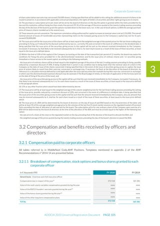 Corporate Governance
ADOCIA 2020 Universal Registration Document PAGE 105
3
of share subscription warrants may not exceed 250,000 shares, it being specified that will be added to this ceiling the additional amount of shares to be
issued to preserve, in accordance with applicable contractual stipulations, the rights of holders of securities and other rights giving access to shares
(2) The purchase or subscription price per share will be set by the board of directors on the day the option is granted within the limits provided for by
law and this resolution, without being less than ninety-five percent (95 %) of the average of the prices quoted at the twenty trading sessions preceding
the day of the decision of the board to grant the options rounded down to the lower euro, nor, in the case of stock options, to 80% the average purchase
price of treasury shares rounded up to the nearest euro.
(3) These amounts are not cumulative. The maximum cumulativeceiling authorized for capital increases at nominal valueis set at € 210,000. The overall
nominal amount of issues of transferable securities representing claims on the Company giving access to the Company's capital may not, for its part,
exceed €50,000,000.
(4) The issue price will be the issue price of the shares will be at least equal to the weighted average of the quoted prices for the last three trading days
preceding its fixing, as if reduced by the discount authorized by law (i.e., currently 5%) and corrected in the event of a difference in the dividend date, it
being specified that the issue price of the securities giving access to the capital will be such as the amount received immediately by the Company,
increased, if necessary, by that likely to be received subsequently by it, that is, for each share issued as a result of the issue of these securities, at least
equal to the issue price defined above.
(5) Within the limit of 10% of the capital of the Company (as existing on the date of the transaction) per period of 12 months, the board may waive the
conditions for fixing the price provided for in the aforementioned resolutions and fix the issue price of ordinary shares and / or securities giving
immediate or future access to the issued capital, according to the following methods:
- the issue price of ordinary shares will be at least equal to the weighted average of the prices of the last 3 trading sessions preceding its fixing, possibly
reduced by a maximum discount of 20%, it being recalled that it cannot in any condition due to being lower than the nominal value of a share in the
Company on the date of issue of the shares concerned, it being specified that in the event of the issue of securities giving access to capital, the issue
price of actions likely to result from their exercise, conversion or exchange may, if necessary, be fixed, at the discretion of the board of directors, by
reference to a calculation formula defined by it and applicable after the issue said securities (for example during their exercise, conversion or exchange)
in which case the aforementioned maximum discount may be assessed, if the Board judges it timely, on the date of application of this formula (and not
on the date of fixing of the price of the issue), and
- the issue price of the securities giving access to the capital will be such that the sum received immediately by the Company, increased, if necessary, by
that likely to be received subsequently by it, ie, for each share issued as a result of the issue of these securities, at least equal to the issue price defined
in the paragraph above,
(6) 15% or any other fraction which would have been determined by decree.
(7) The issue price will be at least equal to the weighted average of the volume-weighted prices for the last three trading sessions preceding the setting
of the issue price, possibly reduced by a maximum discount of 20%, and corrected in the event of a difference in dividend date, it being specified that
the issue price of the securities giving access to the capital shall be such that the amount received immediately by the Company, plus any amount that
may be received subsequently by it, shall be, for each share issued as a result of the issue of these securities, at least equal to the issue price defined
above.
(8) The issue price of a BSA will be determined by the board of directors on the day of issue of said BSA based on the characteristics of the latter and
will be at least 5% of the average weighted average price by the volumes of the last five (5) stock market sessions on the regulated market of Euronext
Paris preceding the date of allocation of said warrant by the board. The subscription price for one ordinary share of the Company upon exercise of a
BSA will be determined by the board of directors at the time of the allocation of the BSA and must be at least equal to the higher of the following two
values:
- the sale price of a share at the close on the regulated market on the day preceding that of the decision of the board to allocate the BSA; and
- the weighted average of the prices quoted during the twenty trading sessions preceding the day of the board's decision to award the BSA.
3.2 Compensation and benefits received by officers and
directors
Compensation paid to corporate officers
All tables referred to in MiddleNext Code.AMF Positions. Templates mentioned in appendix 2 of the AMF
Recommendations n° 2014-14 are presented below.
Breakdown of compensation, stock options and bonus shares granted to each
corporate officer
In € thousands IFRS FY 2020 FY 2019
Gérard Soula - Chairman and chief executive officer
Compensation due in respect of the year(1)
372 518 365 381
Value of the multi-yearly variables compensation granted during the year none none
Value of the BSPCE founders’ warrants granted during the year(2) none none
Value of the bonus shares granted during the year(2) none none
Value of the other long term compensation plans none none
TOTAL 372 518 365 381
 