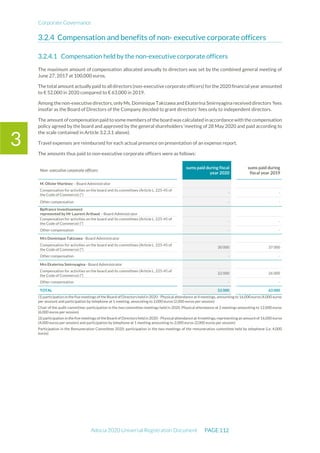Corporate Governance
Adocia 2020 Universal Registration Document PAGE 112
3
Compensation and benefits of non- executive corporate officers
Compensation held by the non-executive corporate officers
The maximum amount of compensation allocated annually to directors was set by the combined general meeting of
June 27, 2017 at 100,000 euros.
The total amount actually paid to all directors(non-executive corporate officers) for the2020 financial year amounted
to € 52,000 in 2020 compared to € 63,000 in 2019.
Amongthenon-executive directors,only Ms.DominiqueTakizawa andEkaterina Smirnyaginareceived directors 'fees
insofar as the Board of Directors of the Company decided to grant directors' fees only to independent directors.
The amount ofcompensation paid to somemembers of the board was calculated in accordancewith the compensation
policy agreed by the board and approved by the general shareholders ‘meeting of 28 May 2020 and paid according to
the scale contained in Article 3.2.3.1 above).
Travel expenses are reimbursed for each actual presence on presentation of an expense report.
The amounts thus paid to non-executive corporate officers were as follows:
Non- executive corporate officers
sums paid during fiscal
year 2020
sums paid during
fiscal year 2019
M. Olivier Martinez – Board Administrator
Compensation for activities on the board and its committees (Article L. 225-45 of
the Code of Commerce) (*)
- -
Other compensation - -
Bpifrance Investissement
represented by Mr Laurent Arthaud – Board Administrator
Compensation for activities on the board and its committees (Article L. 225-45 of
the Code of Commerce) (*)
- -
Other compensation - -
Mrs Dominique Takizawa - Board Administrator
Compensation for activities on the board and its committees (Article L. 225-45 of
the Code of Commerce) (*)
30 000 37 000
Other compensation - -
Mrs Ekaterina Smirnyagina - Board Administrator
Compensation for activities on the board and its committees (Article L. 225-45 of
the Code of Commerce) (*)
22 000 26 000
Other compensation - -
TOTAL 52 000 63 000
(1)participation in thefivemeetings of theBoard of Directors heldin 2020 - Physical attendance at 4 meetings, amounting to 16,000 euros (4,000 euros
per session) and participation by telephone at 1 meeting, amounting to 2,000 euros (2,000 euros per session)
Chair of the audit committee: participation in the two committee meetings held in 2020. Physical attendance at 2 meetings amounting to 12,000 euros
(6,000 euros per session)
(2)participation in thefivemeetings of theBoard of Directors held in 2020 - Physical attendanceat 4 meetings, representing an amount of 16,000 euros
(4,000 euros per session) and participation by telephone at 1 meeting amounting to 2,000 euros (2,000 euros per session)
Participation in the Remuneration Committee 2020: participation in the two meetings of the remuneration committee held by telephone (i.e. 4,000
euros)
 