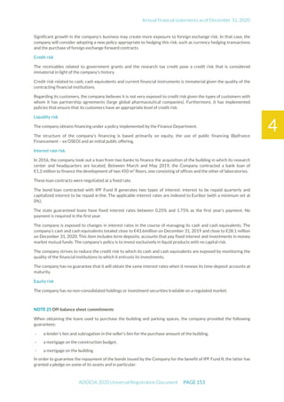 Annual financial statements as of December 31, 2020
ADOCIA 2020 Universal Registration Document PAGE 153
4
Significant growth in the company's business may create more exposure to foreign exchange risk. In that case, the
company will consider adopting a new policy appropriate to hedging this risk, such as currency hedging transactions
and the purchase of foreign exchange forward contracts.
Credit risk
The receivables related to government grants and the research tax credit pose a credit risk that is considered
immaterial in light of the company's history.
Credit risk related to cash, cash equivalents and current financial instruments is immaterial given the quality of the
contracting financial institutions.
Regarding its customers, the company believes it is not very exposed to credit risk given the types of customers with
whom it has partnership agreements (large global pharmaceutical companies). Furthermore, it has implemented
policies that ensure that its customers have an appropriate level of credit risk.
Liquidity risk
The company obtains financing under a policy implemented by the Finance Department.
The structure of the company's financing is based primarily on equity, the use of public financing (Bpifrance
Financement – ex OSEO) and an initial public offering.
Interest rate risk
In 2016, the company took out a loan from two banks to finance the acquisition of the building in which its research
center and headquarters are located. Between March and May 2019, the Company contracted a bank loan of
€1.2 million to finance the development of two 450 m² floors, one consisting of offices and the other of laboratories.
These loan contracts were negotiated at a fixed rate.
The bond loan contracted with IPF Fund II generates two types of interest: interest to be repaid quarterly and
capitalized interest to be repaid in fine. The applicable interest rates are indexed to Euribor (with a minimum set at
0%).
The state guaranteed loans have fixed interest rates between 0.25% and 1.75% as the first year’s payment. No
payment is required in the first year.
The company is exposed to changes in interest rates in the course of managing its cash and cash equivalents. The
company’s cash and cash equivalents totaled close to €43.6million on December 31, 2019 and close to €28.1 million
on December 31, 2020. This item includes term deposits, accounts that pay fixed interest and investments in money
market mutual funds. The company’s policy is to invest exclusively in liquid products with no capital risk.
The company strives to reduce the credit risk to which its cash and cash equivalents are exposed by monitoring the
quality of the financial institutions to which it entrusts its investments.
The company has no guarantee that it will obtain the same interest rates when it renews its time-deposit accounts at
maturity.
Equity risk
The company has no non-consolidated holdings or investment securities tradable on a regulated market.
NOTE 25 Off-balance sheet commitments
When obtaining the loans used to purchase the building and parking spaces, the company provided the following
guarantees:
- a lender's lien and subrogation in the seller’s lien for the purchase amount of the building,
- a mortgage on the construction budget,
- a mortgage on the building
In order to guarantee the repayment of the bonds issued by the Company for the benefit of IPF Fund II, the latter has
granted a pledge on some of its assets and in particular:
 