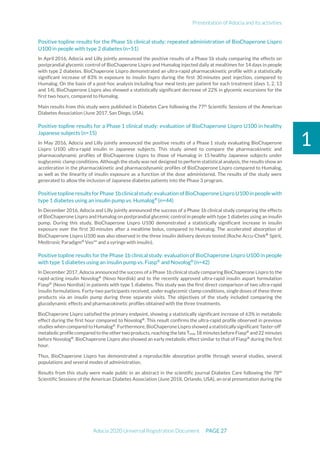 Presentation of Adocia and its activities
Adocia 2020 Universal Registration Document PAGE 27
1
Positive topline results for the Phase 1b clinical study: repeated administration of BioChaperone Lispro
U100 in people with type 2 diabetes (n=51)
In April 2016, Adocia and Lilly jointly announced the positive results of a Phase 1b study comparing the effects on
postprandial glycemic control of BioChaperone Lispro and Humalog injected daily at mealtimes for 14 days in people
with type 2 diabetes. BioChaperone Lispro demonstrated an ultra-rapid pharmacokinetic profile with a statistically
significant increase of 83% in exposure to insulin lispro during the first 30 minutes post injection, compared to
Humalog. On the basis of a post-hoc analysis including four meal tests per patient for each treatment (days 1, 2, 13
and 14), BioChaperone Lispro also showed a statistically significant decrease of 22% in glycemic excursions for the
first two hours, compared to Humalog.
Main results from this study were published in Diabetes Care following the 77th
Scientific Sessions of the American
Diabetes Association (June 2017, San Diego, USA).
Positive topline results for a Phase 1 clinical study: evaluation of BioChaperone Lispro U100 in healthy
Japanese subjects (n=15)
In May 2016, Adocia and Lilly jointly announced the positive results of a Phase 1 study evaluating BioChaperone
Lispro U100 ultra-rapid insulin in Japanese subjects. This study aimed to compare the pharmacokinetic and
pharmacodynamic profiles of BioChaperone Lispro to those of Humalog in 15 healthy Japanese subjects under
euglycemic clamp conditions. Although the study was not designed to perform statistical analysis, the results show an
acceleration in the pharmacokinetic and pharmacodynamic profiles of BioChaperone Lispro compared to Humalog,
as well as the linearity of insulin exposure as a function of the dose administered. The results of the study were
generated to allow the inclusion of Japanese diabetes patients into the Phase 3 program.
Positive topline resultsfor Phase 1b clinicalstudy:evaluation of BioChaperone LisproU100inpeople with
type 1 diabetes using an insulin pump vs. Humalog®
(n=44)
In December 2016, Adocia and Lilly jointly announced the success of a Phase 1b clinical study comparing the effects
of BioChaperone Lispro and Humalog on postprandial glycemic control in people with type 1 diabetes using an insulin
pump. During this study, BioChaperone Lispro U100 demonstrated a statistically significant increase in insulin
exposure over the first 30 minutes after a mealtime bolus, compared to Humalog. The accelerated absorption of
BioChaperone Lispro U100 was also observed in the three insulin delivery devices tested (Roche Accu-Chek®
Spirit,
Medtronic Paradigm®
Veo™ and a syringe with insulin).
Positive topline results for the Phase 1b clinical study: evaluation of BioChaperone Lispro U100 in people
with type 1 diabetes using an insulin pump vs. Fiasp®
and Novolog®
(n=42)
In December 2017, Adocia announced the success of a Phase 1b clinical study comparing BioChaperone Lispro to the
rapid-acting insulin Novolog®
(Novo Nordisk) and to the recently approved ultra-rapid insulin aspart formulation
Fiasp®
(Novo Nordisk) in patients with type 1 diabetes. This study was the first direct comparison of two ultra-rapid
insulin formulations. Forty-two participants received, under euglycemic clamp conditions, single doses of these three
products via an insulin pump during three separate visits. The objectives of the study included comparing the
glucodynamic effects and pharmacokinetic profiles obtained with the three treatments.
BioChaperone Lispro satisfied the primary endpoint, showing a statistically significant increase of 63% in metabolic
effect during the first hour compared to Novolog®
. This result confirms the ultra-rapid profile observed in previous
studies when compared to Humalog®
. Furthermore, BioChaperone Lispro showed astatistically significant 'faster-off'
metabolic profile compared to the othertwo products,reaching the lateTmax 18 minutes before Fiasp®
and22 minutes
before Novolog®
. BioChaperone Lispro also showed an early metabolic effect similar to that of Fiasp®
during the first
hour.
Thus, BioChaperone Lispro has demonstrated a reproducible absorption profile through several studies, several
populations and several modes of administration.
Results from this study were made public in an abstract in the scientific journal Diabetes Care following the 78th
Scientific Sessions of the American Diabetes Association (June 2018, Orlando, USA), an oral presentation during the
 