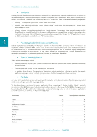 Presentation of Adocia and its activities
Adocia 2020 Universal Registration Document PAGE 46
1
 Territories
Patent coverages are examined with respect to the importance of inventions, and three predetermined strategies are
implemented by the Company concerning the choice of countries in which the national phase of PCT applications are
in force (no later than 30 months after submitting the priority application). These three predetermined strategies are:
- Strategy 1 for defensive applications: United States and Europe;
- Strategy 2 for alternative solutions: United States, Europe, China, India, and possibly Brazil, Canada, Japan,
Australia and/or Israel;
- Strategy 3 for the core business: United States, Europe, Canada, China, Japan, India, Australia, Israel, Mexico,
Brazil, Russia (or Eurasia), South Africa, Singapore and South Korea, even additional territories depending on the
market; In this strategy 3, direct filings can bemadesimultaneously with the filing of the PCT application. in order
to obtain protection, in particular in non-PCT member states.
 Patents Applications in the sole name of Adocia
Patents applications submitted by the Company are filed in the name of the Company if their inventors are all
employees, with the exception of Mr. Gérard Soula. In the case of company employees, every employment contract
for staff contributing to invention contains a clause covering inventions, and all inventions legally belong to the
Company as stipulated in article L.611-7 of the French Intellectual Property Code. Transfer agreements are
systematically signed for each invention whenever required by government regulation.
 Types of patent application
There are two main types of patent:
- Patents concerning an object (also known as “composition of matter” patents) may involve polymers, composites
or compositions;
- Patents concerning actions, such as utilizations or procedures.
- In addition, depending on the evolution of legislation, patent applications relating to specific therapeutic
applications, dosages and / or methods of treatment are also filed to supplement the protections.
 Portfolio
A review of the portfolio is carried out regularly and notably led to the discontinuation of certain patents granted
which were no longer relevant to ongoing projects.
To date inventions are protected by patent application filings comprising 29 distinct families. Adocia's portfolio
contains more than 250 patents and patent applications belonging to the Company, of which 213 are being examined
by patent authorities. The table below indicates the number of patents granted as well as the patent applications
currently underway, by territory, as of December 31, 2020:
Territoiries Patents Ongoing patent application
France 14 8
USA 13 15
Europe (Brevet Européen) 4 27
South Africa 0 7
Saudi Arabia 2 9
Australia 2 4
Bahreïn 0 2
Brazil 0 7
Brunei Darussalam 0 2
Cambodia 0 1
 