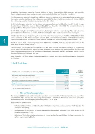Presentation of Adocia and its activities
Adocia 2020 Universal Registration Document PAGE 60
1
In addition, the Company uses other financial liabilities to finance the acquisition of lab equipment and materials.
Future obligations under these leasing contracts amounted to €0.2 million as of December 31st, 2020.
The Company contracted its first bank loan, in 2016, to finance the purchase of the building that it has occupied since
its creation as well as adjoiningparking and a second loan, in 2019, to finance building renovations. At the end of 2020,
the outstanding capital of these bank loans amounted to €5.1 million.
In 2019, the Company subscribed to a bond issue, with warrants, for a total of €15 million from IPF Fund II, through
two tranches of €7.5 million each, on October 11th, 2019 and December 10th, 2019. This contract is detailed in
paragraph 1.3.7.5 of the present universal registration document.
In July 2020, in a by the Covid-19 pandemic context, the Company obtained a restructuring of the debt with a new
payment deferral of additional 12 months, the final maturity dates of the two tranches remaining unchanged.
The Board of Directors of the Company allocated, in return for this arrangement, to the IPF Fund II SCA SICAV FIAR
a total number of 35,005 share subscription warrants (BSA), under terms and conditions similar to those warrants
allocated to IPF Fund II SCA SICAV FIAR under the main contract, with an exercise price of the warrants of €7.70.
Finally, in August 2020, Adocia was granted a loan of €7 million from BNP, HSBC, LCL and BpiFrance Banks, in the
form of a State -Guaranteed Loan (PGE).
These loans are guaranteed by the French State up to 90% of the amounts due and are not subject to any payment
during the first year. At the end of the first year, the repayment of the principal may again be deferred and amortized
over a maximum period of 5 years, at the option of the Company. These loans will carry annual fixed interest rates of
between 0.25% and 1.75% for the first year.
As of December 31st, 2020, Adocia's financial debt was €28.2 million, with a short-term (less than a year) component
of €3 million.
Cash flows
In (€) thousands, Consolidated financial statements, IAS/IFRS
FY 2020
(12 months)
FY 2019
(12 months)
Net cash flow generated by operating activities (21 854) (9 655)
Net cash flow in connection with investment transactions (204) (2 054)
Net cash flow in connection with financing transactions 6 512 15 529
Changes in net cash (15 547) 3 820
Cash and cash equivalents at the start of the year 43 661 39 841
Cash and cash equivalents at year-end 28 114 43 661
 Net cash flow from operations
For fiscal year 2020, net cash outflows related to operations amounted to €21.9 million compared to a net cash inflow
of €9.7 million in the previous year. This change mainly reflects a similar level of expenses as last year’s ones (after
restatement of flows related to legal proceedings against Eli Lilly on 2019).
Net cash flow in 2019 included:
- Collection of $14.3 million, or €13 million, from Eli Lilly following the favorable outcome of the first part of the
arbitration proceedings,
- Reimbursement of insurance of $4 million, or €3.6 million, following the absence of a gain in the second part of
the arbitration against Eli Lilly,
- Collection of €3.4 million relating to the corporate income taxclaim for year 2014 and the fiscal treatment of the
upfront payment paid by Eli Lilly.
 