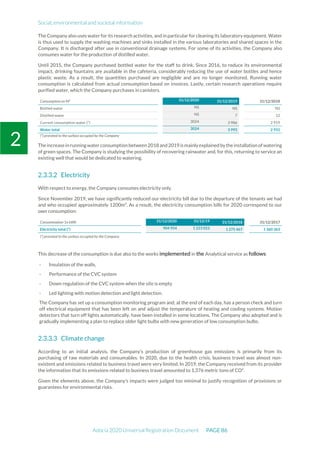 Social, environmental and societal information
Adocia 2020 Universal Registration Document PAGE 86
2
The Company also uses water for its research activities, and in particular for cleaning its laboratory equipment. Water
is thus used to supply the washing machines and sinks installed in the various laboratories and shared spaces in the
Company. It is discharged after use in conventional drainage systems. For some of its activities, the Company also
consumes water for the production of distilled water.
Until 2015, the Company purchased bottled water for the staff to drink. Since 2016, to reduce its environmental
impact, drinking fountains are available in the cafeteria, considerably reducing the use of water bottles and hence
plastic waste. As a result, the quantities purchased are negligible and are no longer monitored. Running water
consumption is calculated from actual consumption based on invoices. Lastly, certain research operations require
purified water, which the Company purchases in canisters.
Consumption en M3 31/12/2020 31/12/2019 31/12/2018
Bottled water NS NS NS
Distilled water NS 7 12
Current consumption water (*) 3024 3 986 2 919
Water total 3024 3 993 2 931
(*) prorated to the surface occupied by the Company
Theincreasein runningwaterconsumption between 2018 and2019 ismainlyexplainedbythe installation ofwatering
of green spaces. The Company is studying the possibility of recovering rainwater and, for this, returning to service an
existing well that would be dedicated to watering.
Electricity
With respect to energy, the Company consumes electricity only.
Since November 2019, we have significantly reduced our electricity bill due to the departure of the tenants we had
and who occupied approximately 1200m². As a result, the electricity consumption bills for 2020 correspond to our
own consumption:
Consommation 1n kWh 31/12/2020 31/12/19 31/12/2018 31/12/2017
Electricity total (*) 904 954 1 223 023 1 275 467 1 360 363
(*) prorated to the surface occupied by the Company
This decrease of the consumption is due also to the works implemented in the Analytical service as follows:
- Insulation of the walls,
- Performance of the CVC system
- Down regulation of the CVC system when the site is empty
- Led lighting with motion detection and light detection.
The Company has set up a consumption monitoring program and, at the end of each day, has a person check and turn
off electrical equipment that has been left on and adjust the temperature of heating and cooling systems. Motion
detectors that turn off lights automatically, have been installed in some locations. The Company also adopted and is
gradually implementing a plan to replace older light bulbs with new generation of low consumption bulbs.
Climate change
According to an initial analysis, the Company's production of greenhouse gas emissions is primarily from its
purchasing of raw materials and consumables. In 2020, due to the health crisis, business travel was almost non-
existent and emissions related to business travel were very limited. In 2019, the Company received from its provider
the information that its emissions related to business travel amounted to 1,376 metric tons of CO².
Given the elements above, the Company's impacts were judged too minimal to justify recognition of provisions or
guarantees for environmental risks.
 