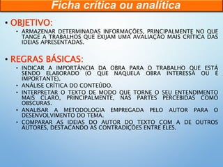 • OBJETIVO:
• ARMAZENAR DETERMINADAS INFORMAÇÕES, PRINCIPALMENTE NO QUE
TANGE A TRABALHOS QUE EXIJAM UMA AVALIAÇÃO MAIS CRÍTICA DAS
IDEIAS APRESENTADAS.
• REGRAS BÁSICAS:
• INDICAR A IMPORTÂNCIA DA OBRA PARA O TRABALHO QUE ESTÁ
SENDO ELABORADO (O QUE NAQUELA OBRA INTERESSA OU É
IMPORTANTE).
• ANÁLISE CRÍTICA DO CONTEÚDO.
• INTERPRETAR O TEXTO DE MODO QUE TORNE O SEU ENTENDIMENTO
MAIS CLARO, PRINCIPALMENTE, NAS PARTES PERCEBIDAS COMO
OBSCURAS.
• ANALISAR A METODOLOGIA EMPREGADA PELO AUTOR PARA O
DESENVOLVIMENTO DO TEMA.
• COMPARAR AS IDEIAS DO AUTOR DO TEXTO COM A DE OUTROS
AUTORES, DESTACANDO AS CONTRADIÇÕES ENTRE ELES.
Ficha crítica ou analítica
 