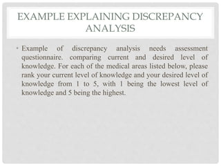 EXAMPLE EXPLAINING DISCREPANCY
ANALYSIS
• Example of discrepancy analysis needs assessment
questionnaire. comparing current and desired level of
knowledge. For each of the medical areas listed below, please
rank your current level of knowledge and your desired level of
knowledge from 1 to 5, with 1 being the lowest level of
knowledge and 5 being the highest.
 