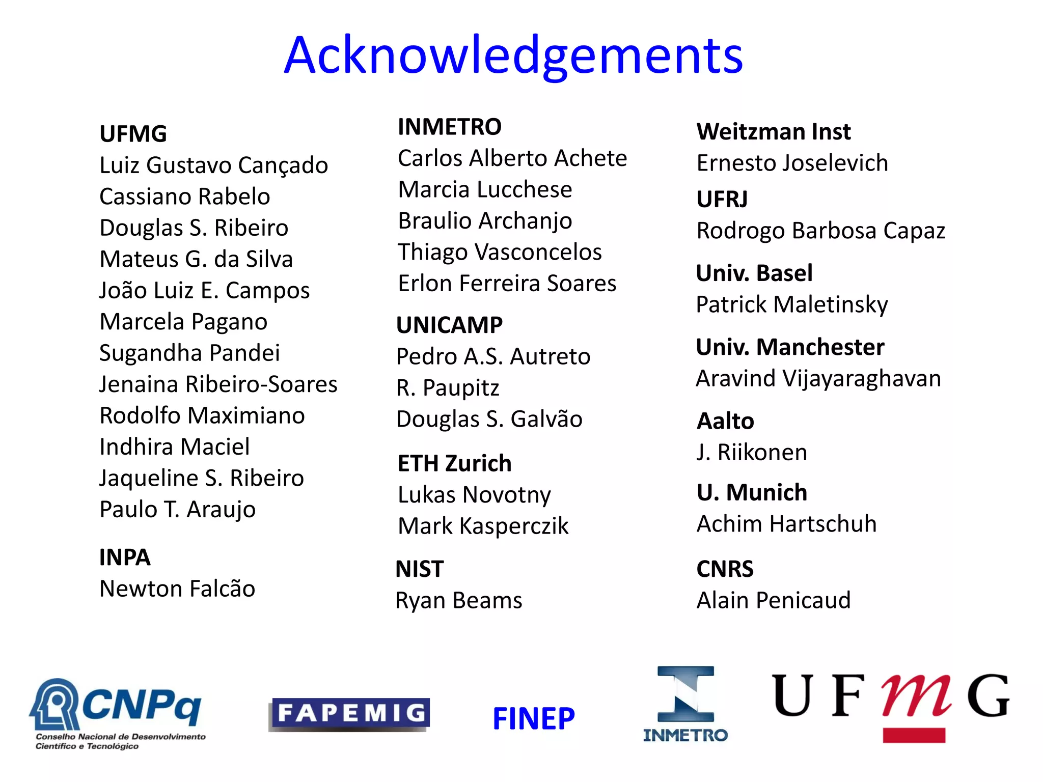 Acknowledgements
UFMG
Luiz Gustavo Cançado
Cassiano Rabelo
Douglas S. Ribeiro
Mateus G. da Silva
João Luiz E. Campos
Marcela Pagano
Sugandha Pandei
Jenaina Ribeiro-Soares
Rodolfo Maximiano
Indhira Maciel
Jaqueline S. Ribeiro
Paulo T. Araujo
INMETRO
Carlos Alberto Achete
Marcia Lucchese
Braulio Archanjo
Thiago Vasconcelos
Erlon Ferreira Soares
UFRJ
Rodrogo Barbosa Capaz
ETH Zurich
Lukas Novotny
Mark Kasperczik
Univ. Basel
Patrick Maletinsky
Univ. Manchester
Aravind Vijayaraghavan
NIST
Ryan Beams
FINEPFINEP
INPA
Newton Falcão
Aalto
J. Riikonen
Weitzman Inst
Ernesto Joselevich
UNICAMP
Pedro A.S. Autreto
R. Paupitz
Douglas S. Galvão
U. Munich
Achim Hartschuh
CNRS
Alain Penicaud
 