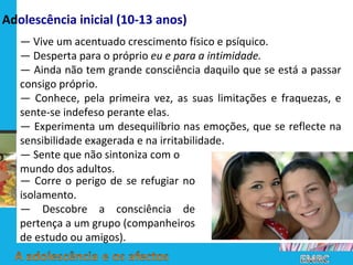 —  Vive um acentuado crescimento físico e psíquico. —  Desperta para o próprio  eu e para a intimidade. —  Ainda não tem grande consciência daquilo que se está a passar consigo próprio. —  Conhece, pela primeira vez, as suas limitações e fraquezas, e sente-se indefeso perante elas.  —  Experimenta um desequilíbrio nas emoções, que se reflecte na sensibilidade exagerada e na irritabilidade.  —  Sente que não sintoniza com o  mundo dos adultos. —  Corre o perigo de se refugiar no isolamento. —  Descobre a consciência de pertença a um grupo (companheiros de estudo ou amigos). Ad olescência inicial (10-13 anos) 