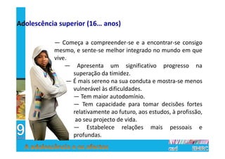 Adolescência superior (16… anos)

           — Começa a compreender-se e a encontrar-se consigo
           mesmo, e sente-se melhor integrado no mundo em que
           vive.
               — Apresenta um significativo progresso na
                  superação da timidez.
                — É mais sereno na sua conduta e mostra-se menos
                  vulnerável às dificuldades.
                  — Tem maior autodomínio.
                  — Tem capacidade para tomar decisões fortes
                  relativamente ao futuro, aos estudos, à profissão,
                   ao seu projecto de vida.
                  — Estabelece relações mais pessoais e
                  profundas.
 