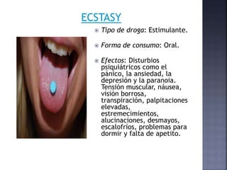  Tipo de droga: Estimulante.
 Forma de consumo: Oral.
 Efectos: Disturbios
psiquiátricos como el
pánico, la ansiedad, la
depresión y la paranoia.
Tensión muscular, náusea,
visión borrosa,
transpiración, palpitaciones
elevadas,
estremecimientos,
alucinaciones, desmayos,
escalofríos, problemas para
dormir y falta de apetito.
 