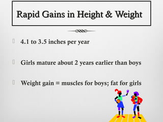 Rapid Gains in Height & Weight

 4.1 to 3.5 inches per year


 Girls mature about 2 years earlier than boys


 Weight gain = muscles for boys; fat for girls
 