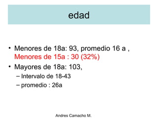 Andres Camacho M.
edad
• Menores de 18a: 93, promedio 16 a ,
Menores de 15a : 30 (32%)
• Mayores de 18a: 103,
– Intervalo de 18­43
– promedio : 26a
 