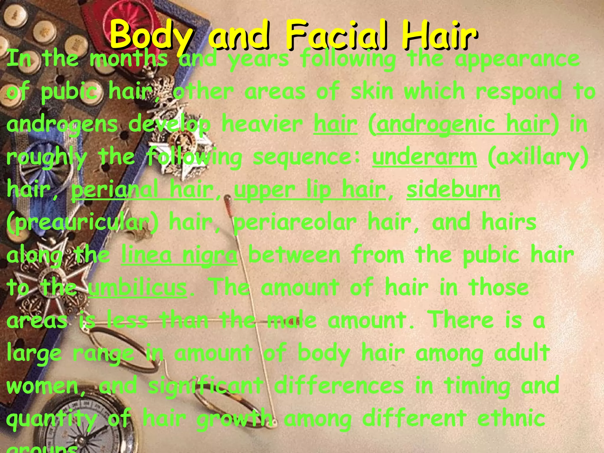 Body and Facial Hair In the months and years following the appearance of pubic hair, other areas of skin which respond to androgens develop heavier  hair  ( androgenic hair ) in roughly the following sequence:  underarm  (axillary) hair,  perianal hair ,  upper lip hair ,  sideburn  (preauricular) hair, periareolar hair, and hairs along the  linea nigra  between from the pubic hair to the  umbilicus . The amount of hair in those areas is less than the male amount. There is a large range in amount of body hair among adult women, and significant differences in timing and quantity of hair growth among different ethnic groups. 