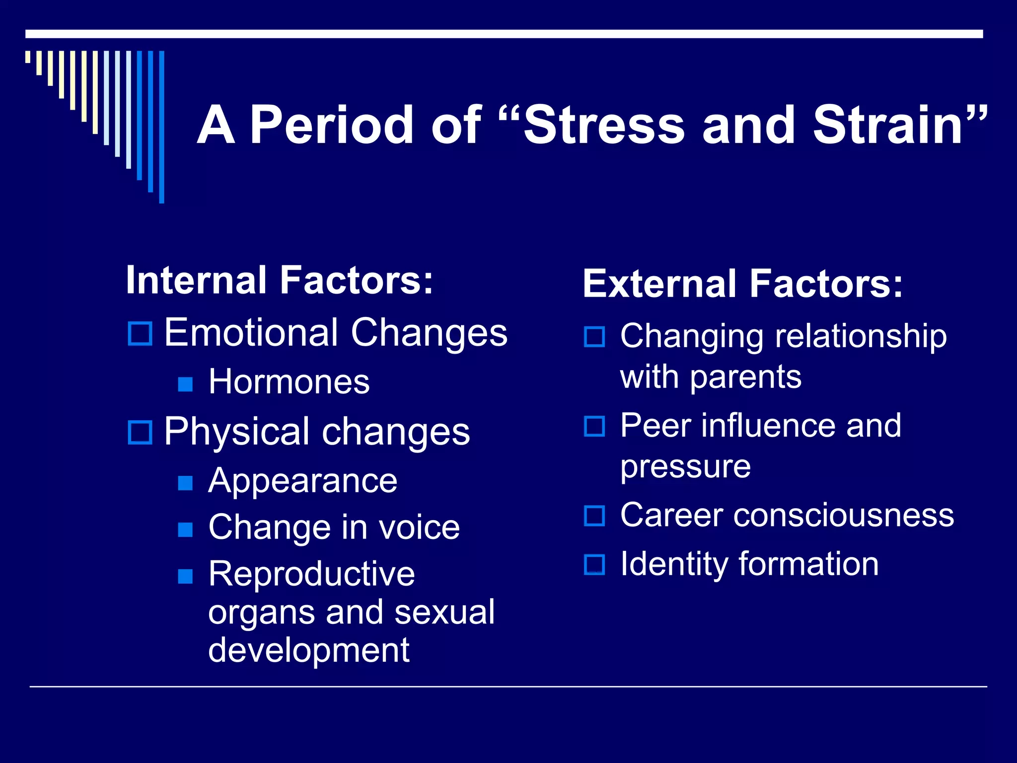 A Period of “Stress and Strain”
Internal Factors:
 Emotional Changes
 Hormones
 Physical changes
 Appearance
 Change in voice
 Reproductive
organs and sexual
development
External Factors:
 Changing relationship
with parents
 Peer influence and
pressure
 Career consciousness
 Identity formation
 