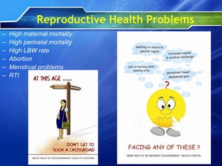 Reproductive Health Problems
– High maternal mortality
– High perinatal mortality
– High LBW rate
– Abortion
– Menstrual problems
– RTI
 