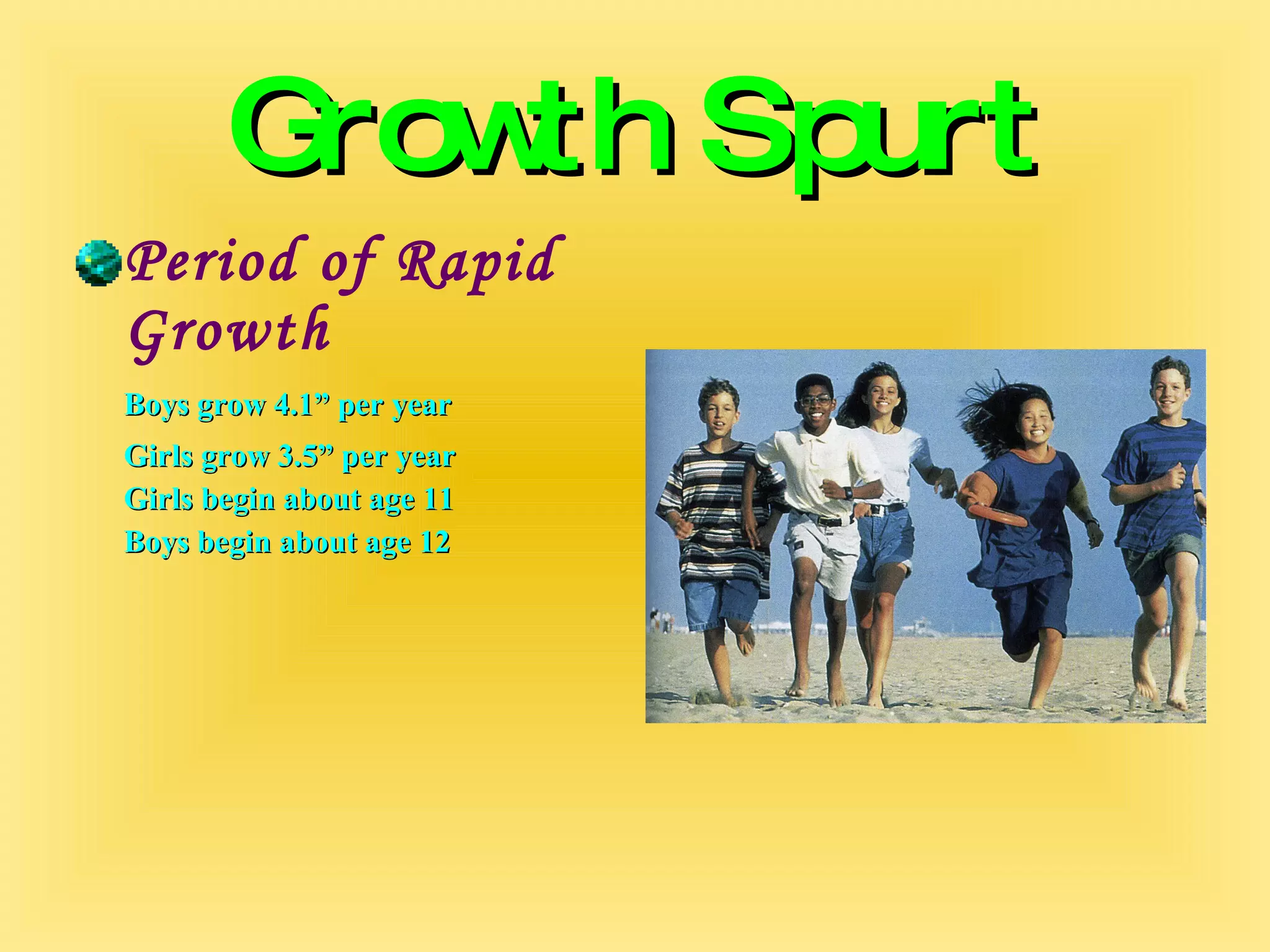Growth Spurt Period of Rapid Growth Boys grow 4.1” per year Girls grow 3.5” per year Girls begin about age 11 Boys begin about age 12 