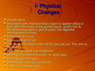 I- PhysicalI- Physical
ChangesChanges
Growth spurtGrowth spurt
Secondary sex characteristics begin to appear about aSecondary sex characteristics begin to appear about a
year after the onset of the growth spurtyear after the onset of the growth spurt (pubic hair &(pubic hair &
breast development in girls & pubic hair &genitalbreast development in girls & pubic hair &genital
development in boysdevelopment in boys((
Menarche (8-13 ys)Menarche (8-13 ys)
Spermache (9-14 ys)Spermache (9-14 ys)
The nose and mouth widen & the jaw juts out. The chin isThe nose and mouth widen & the jaw juts out. The chin is
the lastthe last
Body hair darkens and lengthensBody hair darkens and lengthens
Sweat glands become activeSweat glands become active  body odorbody odor
Voice quality changesVoice quality changes
Complexion and acne problemsComplexion and acne problems
Endurance and strengthEndurance and strength
 