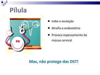 Pílula Inibe a ovulação Atrofia o endométrio Provoca espessamento do múcuo cervical Mas, não protege das DST! 