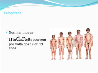 Puberdade
 Nos meninos as
mudanças ocorrem
por volta dos 12 ou 13
anos..
 