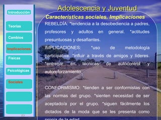 Introducción
                      Adolescencia y Juventud
                Características sociales. Implicaciones
                REBELDÍA: *tendencia a la desobediencia a padres,
Teorías
                profesores   y    adultos   en    general.     *actitudes
Cambios
                presuntuosas y desafiantes.

Implicaciones   IMPLICACIONES:           *uso     de         metodología

Físicas
                participativa. *influir a través de amigos y líderes.
                *entrenar    en      técnicas    de    autocontrol     y
Psicológicas    autoreforzamiento.

Sociales
                CONFORMISMO: *tienden a ser conformistas con
                las normas del grupo. *sienten necesidad de ser
                aceptado/a por el grupo. *siguen fácilmente los
                dictados de la moda que se les presenta como
          20
          20
 