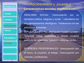 Introducción
                      Adolescencia y Juventud
                Características sociales. Implicaciones
Teorías
                IDEALISMO       SOCIAL:     *preocupación     por    su
Cambios         identidad política, religiosa y social. * radicalismo en
                sus planteamientos ideológicos. *intolerancia con las
Implicaciones
                posiciones contrarias.
Físicas
                IMPLICACIONES: *los adultos son modelos a imitar.
                *proponer metas realizables y ofrecer modelos
Psicológicas
                positivos de referencia. *prevenir contra las sectas.
Sociales


                INTERESES PROFESIONALES: *preocupación por
                el futuro, la vocación, el trabajo. *preocupación por
                carreras y profesiones.
          22
          22
 