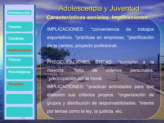 Introducción
                      Adolescencia y Juventud
                Características sociales. Implicaciones
Teorías
                IMPLICACIONES:         *conveniencia       de   trabajos
Cambios         esporádicos. *prácticas en empresas. *planificación
                de la carrera, proyecto profesional.
Implicaciones

Físicas
                PREOCUPACIONES           ÉTICAS:       *sumisión   a   la

Psicológicas    mayoría.     *falta    de      criterios    personales.
                *preocupación por la moral.
Sociales
                IMPLICACIONES: *practicar actividades para que
                elaboren sus criterios propios. *organización de
                grupos y distribución de responsabilidades. *interés
                por temas como la ley, la justicia, etc.
          23
          23
 
