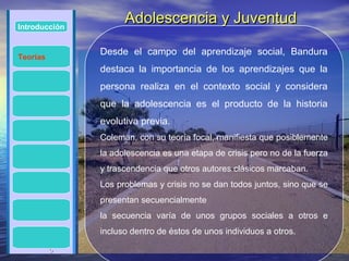 Introducción
                     Adolescencia y Juventud

               Desde el campo del aprendizaje social, Bandura
Teorías
               destaca la importancia de los aprendizajes que la
               persona realiza en el contexto social y considera
               que la adolescencia es el producto de la historia
               evolutiva previa.
               Coleman, con su teoría focal, manifiesta que posiblemente
               la adolescencia es una etapa de crisis pero no de la fuerza
               y trascendencia que otros autores clásicos marcaban.
               Los problemas y crisis no se dan todos juntos, sino que se
               presentan secuencialmente
               la secuencia varía de unos grupos sociales a otros e
               incluso dentro de éstos de unos individuos a otros.

          5
 