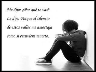 Me dijo: ¿Por qué te vas?
Le dije: Porque el silencio
de estos valles me amortaja
como si estuviera muerto.