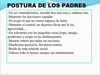 -No ser contradictorios, mandar hoy una cosa y mañana otra.
-Mantener las decisiones tomadas
-No exigir lo que no somos capaces de hacer
-Mantener el control, no dejarnos llevar por la ira,
agresividad,…
-Ser tolerantes con las pequeñas cosas (ropa, tatuaje,
pendiente) y exigir en las fundamentales
-Mostrar interés por todas sus acciones
-Muchísima paciencia. Ser perseverantes
-Huida de toda relación social
-Valorar todo lo bueno, aunque sea mínimamente
 