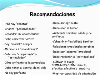 Recomendaciones
- NO hay “recetas”
-Crianza “personalizada”
-Recordar “mi adolescencia”
-Debo comenzar “antes”
-Soy “modelo”siempre
-Mi amor es “incondicional”
-Debo ser “competente” y
“estimulador”
-Cómo enfrento yo la adversidad
-Debo tener el control de mi vida
-No soy perfecto
-Debo ser optimista
-Debo usar el humor
-Ambiente familiar: cálido y de
confianza
-Cohesión y flexibilidad familiar
-Relaciones emocionales estables
-Debo ser “soporte” emocional
-Debo respetar la “individualidad”
-Cultivar la buena
COMUNICACIÓN: abierta,
efectiva, afectiva y empática
-Mostrar capacidad de adaptación
 