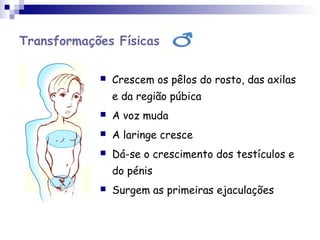Transformações Físicas
 Crescem os pêlos do rosto, das axilas
e da região púbica
 A voz muda
 A laringe cresce
 Dá-se o crescimento dos testículos e
do pénis
 Surgem as primeiras ejaculações
 