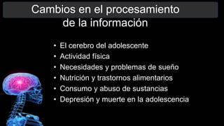 Cambios en el procesamiento
de la información
• El cerebro del adolescente
• Actividad física
• Necesidades y problemas de sueño
• Nutrición y trastornos alimentarios
• Consumo y abuso de sustancias
• Depresión y muerte en la adolescencia
 