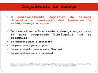 Compreensão da doença
• O desenvolvimento cognitivo da criança
determina a construção dos fenómenos de
saúde, doença e morte.
• Os conceitos sobre saúde e doença organizam-
se numa progressão hierárquica que se
estrutura:
• do concreto para o abstracto
• do particular para o geral
• do mais rígido para o mais flexível
• do perceptivo para o racional
(Bilbace & Walsh, 1979; Perrin Gerrity, 1981; Simeonson, Buckley e Manson, 1979;
Barrio, 1990; Brewster, 1982 & Whitt, 1982, cit. por Barros, 1999)
 