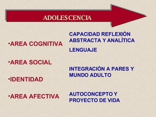 ADOLESCENCIA AREA COGNITIVA AREA SOCIAL IDENTIDAD AREA AFECTIVA CAPACIDAD REFLEXIÓN ABSTRACTA Y ANALÍTICA LENGUAJE  INTEGRACIÓN A PARES Y MUNDO ADULTO AUTOCONCEPTO Y PROYECTO DE VIDA AUTONOMÍA, AUTOCONTROL, EMPATÍA 
