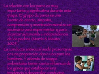 La relación con los pares es muy importante y significativa durante esta etapa. El grupo de pares es una fuente de afecto, simpatía, comprensión y orientación moral es un escenario para experimentar y para alcanzar autonomía e independencia de los padres (Morris & Maisto, 2005). La conducta antisocial suele presentarse en una proporción dos a uno para los hombres. Y además de rasgos ambientales tienen cierta influencia de los genes que establecen una tendencia a desarrollar conductas antisociales a través de la impulsividad y la hiperactividad cuando estos se combinan con los factores de riesgo ambientales (Cienfuegos & Egea, 2003).   