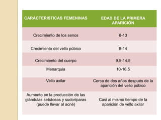 CARÁCTERISTICAS FEMENINAS EDAD DE LA PRIMERA
APARICIÓN
Crecimiento de los senos 8-13
Crecimiento del vello púbico 8-14
Crecimiento del cuerpo 9.5-14.5
Menarquia 10-16.5
Vello axilar Cerca de dos años después de la
aparición del vello púbico
Aumento en la producción de las
glándulas sebáceas y sudoríparas
(puede llevar al acné)
Casi al mismo tiempo de la
aparición de vello axilar
 