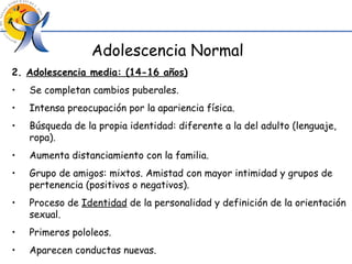 Adolescencia Normal 2.  Adolescencia media: (14-16 años) Se completan cambios puberales. Intensa preocupación por la apariencia física. Búsqueda de la propia identidad: diferente a la del adulto (lenguaje, ropa). Aumenta distanciamiento con la familia. Grupo de amigos: mixtos. Amistad con mayor intimidad y grupos de pertenencia (positivos o negativos). Proceso de  Identidad  de la personalidad y definición de la orientación sexual. Primeros pololeos. Aparecen conductas nuevas. 