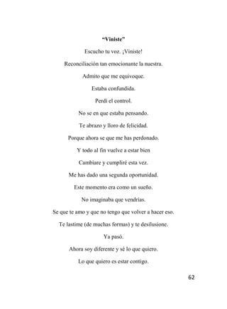 62
“Viniste”
Escucho tu voz. ¡Viniste!
Reconciliación tan emocionante la nuestra.
Admito que me equivoque.
Estaba confundida.
Perdí el control.
No se en que estaba pensando.
Te abrazo y lloro de felicidad.
Porque ahora se que me has perdonado.
Y todo al fin vuelve a estar bien
Cambiare y cumpliré esta vez.
Me has dado una segunda oportunidad.
Este momento era como un sueño.
No imaginaba que vendrías.
Se que te amo y que no tengo que volver a hacer eso.
Te lastime (de muchas formas) y te desilusione.
Ya pasó.
Ahora soy diferente y sé lo que quiero.
Lo que quiero es estar contigo.
 