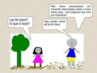 Não     havia     preocupação     em
                      transmitir informações sérias e reais
                      sobre sexo, nem julgavam que isso
                      era importante.

Lei do sexo?    Hoje, porém, existe
O que é Isso?   até lei do Sexo.
 