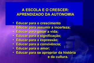 A ESCOLA E O CRESCER:A ESCOLA E O CRESCER:
APRENDIZADO DA AUTONOMIAAPRENDIZADO DA AUTONOMIA
• Educar para o crescimentoEducar para o crescimento
• Educar para assumir a incerteza;Educar para assumir a incerteza;
• Educar para gozar a vida;Educar para gozar a vida;
• Educar para a significação;Educar para a significação;
• Educar para a expressão;Educar para a expressão;
• Educar para a convivência;Educar para a convivência;
• Educar para o amor;Educar para o amor;
• Educar para se apropriar da históriaEducar para se apropriar da história
e da cultura.e da cultura.
 