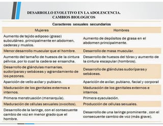 DESARROLLO EVOLUTIVO EN LAADOLESCENCIA.
CAMBIOS BIOLOGICOS
 