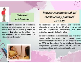 Pubertad
adelantada
Se considera cuando el desarrollo
puberal se inicia entre los ocho y los
nueve años en las niñas y entre los
nueve y diez años en los niños, y es
una variante de la normalidad. La
etiología puede variar:
Retraso constitucional del
crecimiento y pubertad
(RCCP)
Se manifiesta en las chicas por ausencia
telarquia, a partir de los 13 años y, en los chic
por no objetivarse incremento del tama
testicular, a partir de los 14 años.
Es una variante de la normalidad que constituye
causa más frecuente de retraso puber
aproximadamente un 65% de los casos en niño
un 35% de las niñas. En su etiología, destaca
componente genético (hasta en un 75% de
ocasiones existen antecedentes familiares).
 