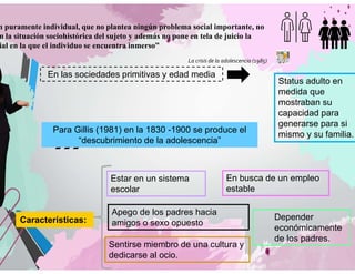 n puramente individual, que no plantea ningún problema social importante, no
n la situación sociohistórica del sujeto y además no pone en tela de juicio la
ial en la que el individuo se encuentra inmerso”
La crisis de la adolescencia (1985)
En las sociedades primitivas y edad media
Status adulto en
medida que
mostraban su
capacidad para
generarse para si
mismo y su familia.
Para Gillis (1981) en la 1830 -1900 se produce el
“descubrimiento de la adolescencia”
Características:
Estar en un sistema
escolar
En busca de un empleo
estable
Depender
económicamente
de los padres.
Apego de los padres hacia
amigos o sexo opuesto
Sentirse miembro de una cultura y
dedicarse al ocio.
 
