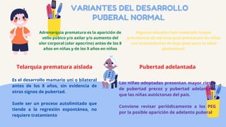 VARIANTES DEL DESARROLLO
PUBERAL NORMAL
Adrenarquia prematura es la aparición de
vello púbico y/o axilar y/o aumento del
olor corporal (olor apocrino) antes de los 8
años en niñas y de los 9 años en niños
Algunos estudios han mostrado mayor
prevalencia de adrenarquia prematura en niñas
con antecedentes de bajo peso para la edad
gestacional.
Telarquia prematura aislada Pubertad adelantada
Es el desarrollo mamario uni o bilateral
antes de los 8 años, sin evidencia de
otros signos de pubertad.
Suele ser un proceso autolimitado que
tiende a la regresión espontánea, no
requiere tratamiento
Las niñas adoptadas presentan mayor riesgo
de pubertad precoz y pubertad adelantada
que las niñas autóctonas del país.
Conviene revisar periódicamente a los PEG
por la posible aparición de adelanto puberal
 