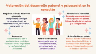 Valoración del desarrollo puberal y psicosocial en la
consulta
Anamnesis
En la entrevista con el
adolescente se tendrá en
cuenta de forma importante
la confidencialidad,
privacidad
Preguntar sobre su desarrollo
psicosocial
independencia/imagen
corporal/amigos/y su
identidad sexual, vocacional,
moral y del yo
Antecedentes personales
Realizar estudio nutricional,
grado de actividad física y si
hay distorsión de la imagen
corporal. Valorar igualmente si
el olfato es correcto.
Antecedentes familiares
Descartar consanguinidad,
etnia y país de los padres.
Valorar la talla de los padres
y la talla genética
Para el examen físico
es necesario tener en
cuenta la intimidad,
privacidad y dar un
aire educacional
 